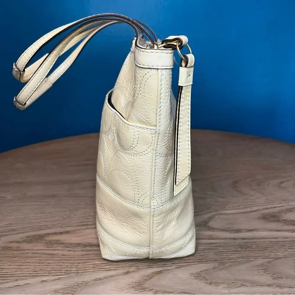 NWT Coach Signature Patent Leather Stitched Stripe Small Tote Butter Cream